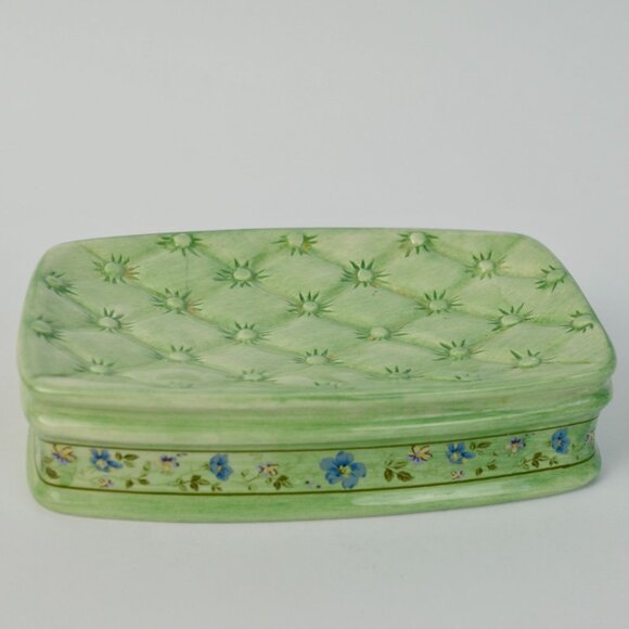 Laura Ashley Handpainted Spring Bloom Soap Dish Quilted Design Green Floral - Picture 1 of 7